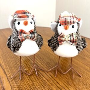 2 Hobby Lobby Fall Autumn Harvest Fabric Standing Bird Bowtie Hat Tweed Figurine